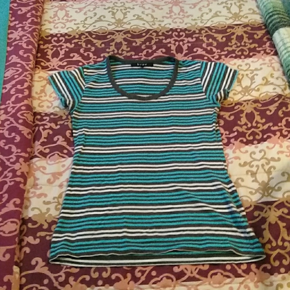 A cute blue, black, and white striped shirt